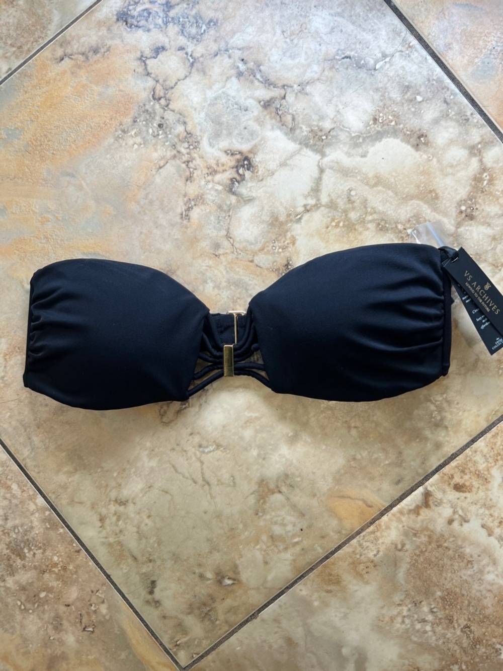 Victoria's Secret Black Strapless Swim Top with Gold Tag Detail